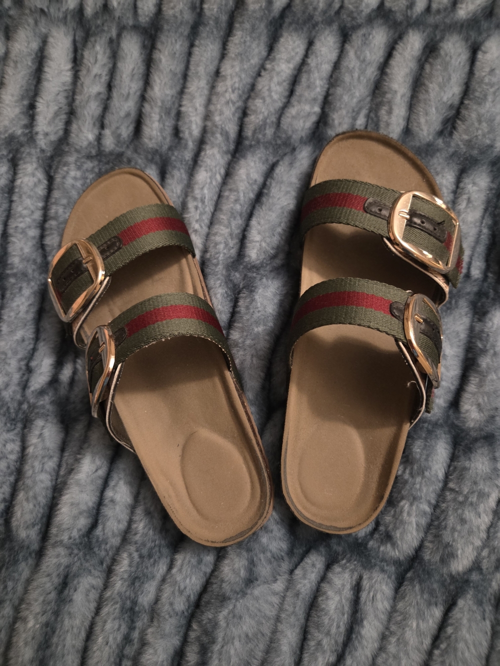 Madden Girl Olive and Burgundy Double Buckle Slide Sandals